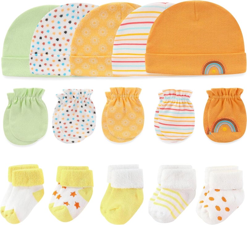 MAMIMAKA Newborn Baby Boy Girl Caps Mittens Socks Set Cotton Baby Essentials Accessories (Hats+Gloves+Socks) - Image 1